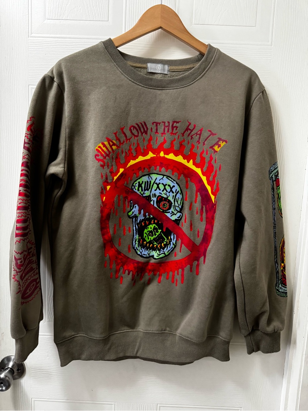 NBA Olive Crewneck Sweatshirt with Red, Yellow & Green Skull Graphic